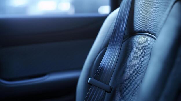 Seat belt webbing lying diagonally across a light grey car seat, with the vehicle door trim softly out of focus behind.